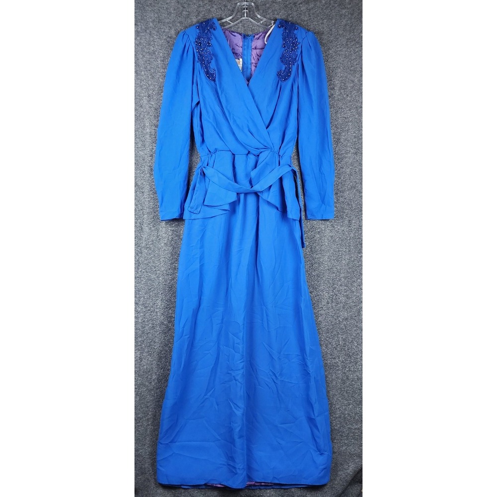 Sylvia Ann Maxi Dress Women 12 Blue Vintage 80s Beaded Lace Wrap Formal Gown